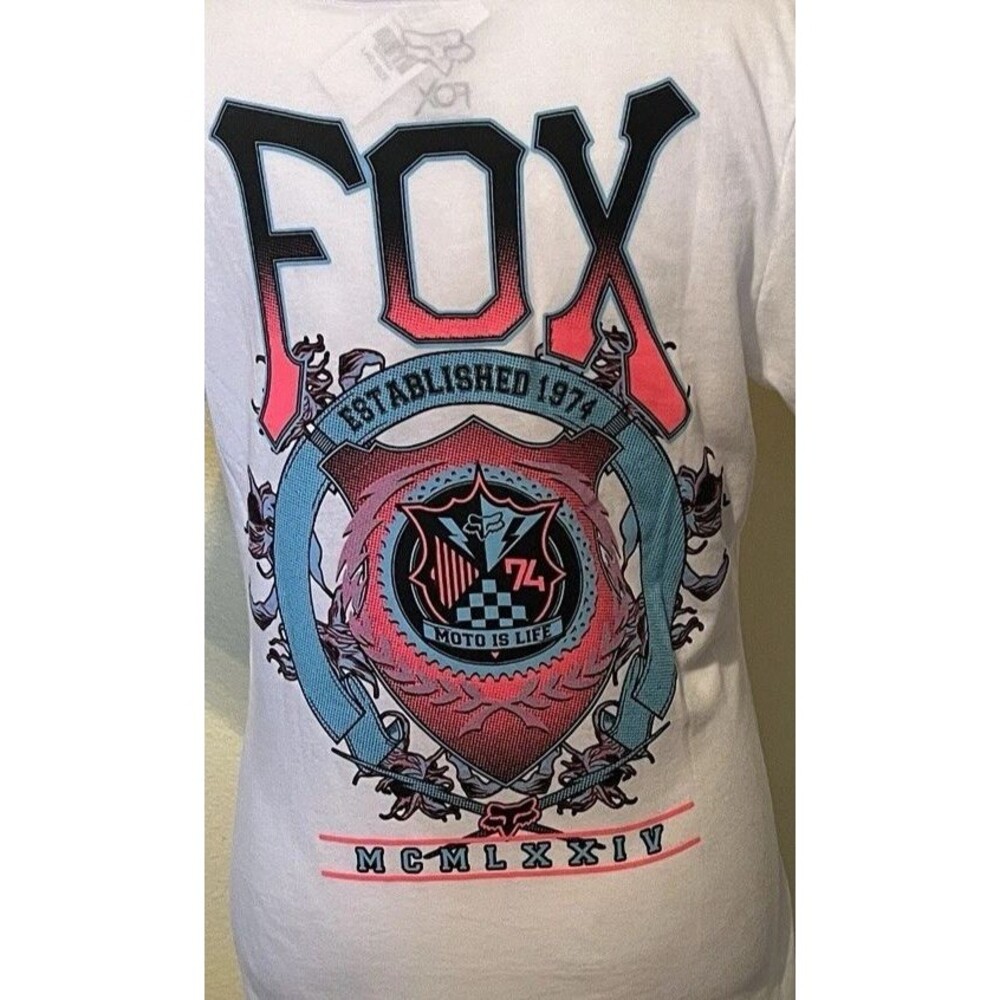 Fox Racing Moto is Life Established 1974 White Graphic Womens SS TShirt Sz L NWT - Picture 6 of 9